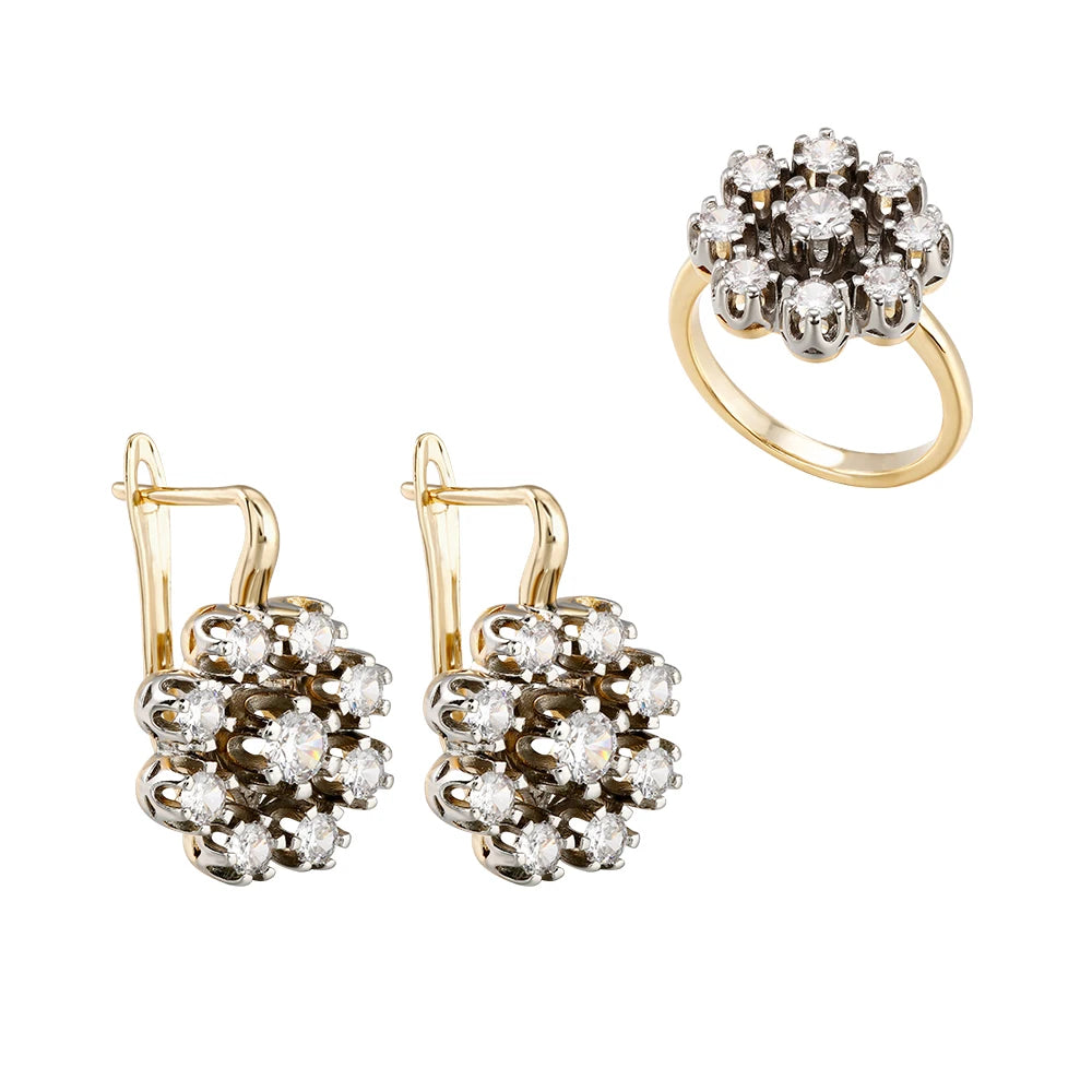 Hollow vintage inlaid zircon two-color earrings ring set copper plated 14K gold fashion jewelry party daily banquet holiday gift