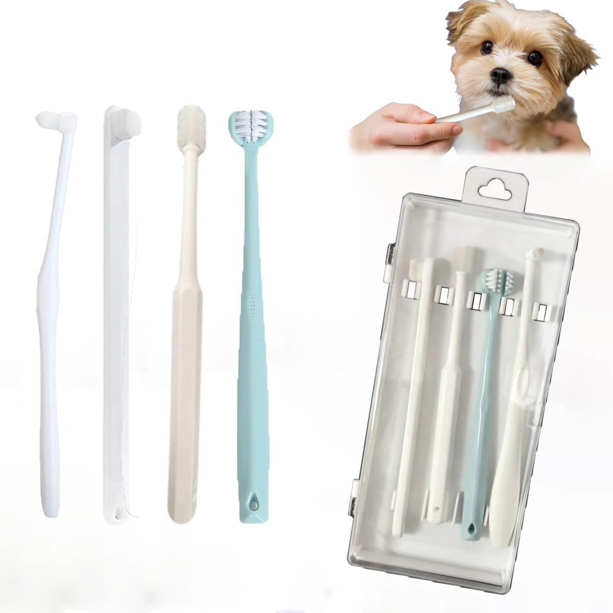 Dog & Cat Toothbrush Kit Triple Head and 360 Degree Pet Tooth Brushes Multi-Angle Dental Cleaning Brushes with 2 Storage Box for