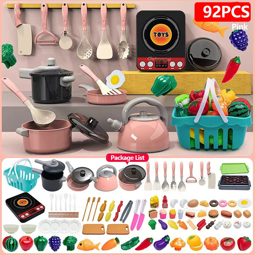 Kids Play Kitchen Toys Set Mini 92/69/59 PCS Pretend Cooking Food with Pots Pans Utensils for Toddlers Girls Boys Children Gift