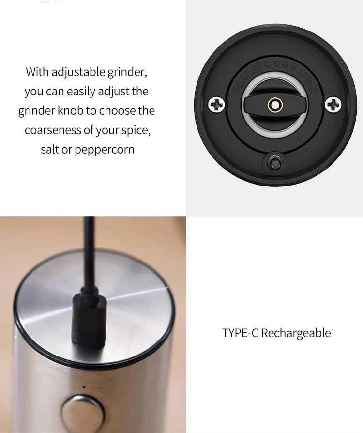 USB Rechargeable Automatic Pepper Grinder Salt And Pepper Mill Adjustable Coarseness Spice Grinder with LED Light for Kitchen