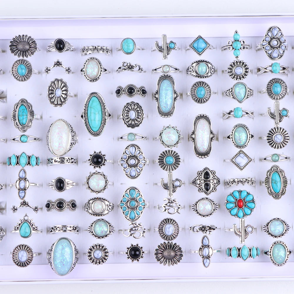 10/20/30/50/100Pcs/Lot Retro Punk Bohemian Rhinestone Carve Rings For Women Mix Style Jewelry Party Gifts Accessories Wholesale