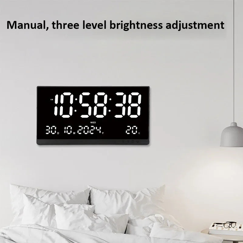21 Inch Large Digital Wall Clock USB Powered Time Calendar 12/24H Time/Day/Month/Year/Temp Display Electronic LED Alarm Clock