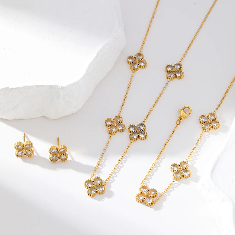GANEMLY Stainless Steel  Sparkling White Zircon Flower Necklace Bracelet Earrings Set For Women Trendy Waterproof Jewelry Gift