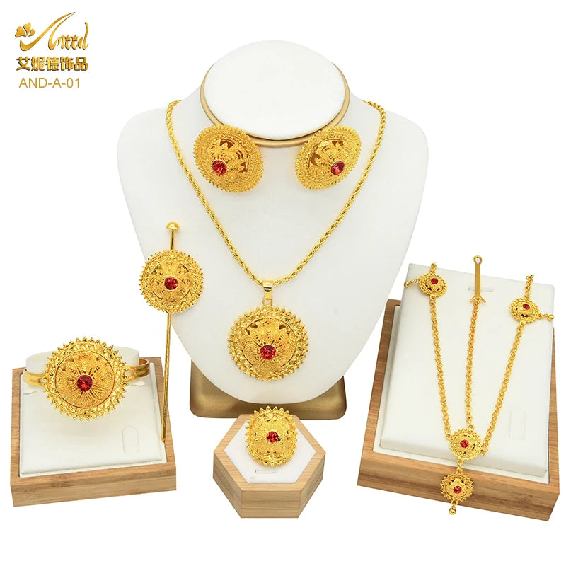 ANIID Ethiopian Gold Color 6pcs Jewelry Sets For Women Dubai Flower Shape Nigerian Luxury Necklace Jewellery Set Wedding Gifts