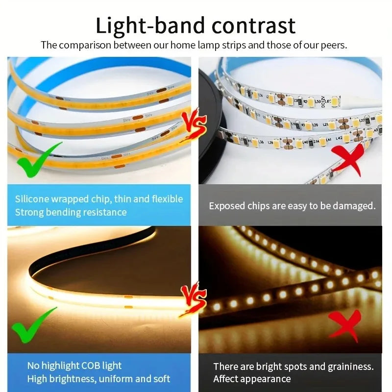 USB LED Strip Lights 5V 320LEDs/M Warm White COB LED Strip Flexible Lamp Tape DIY TV Mirror Backlight Kitchen Room Lighting