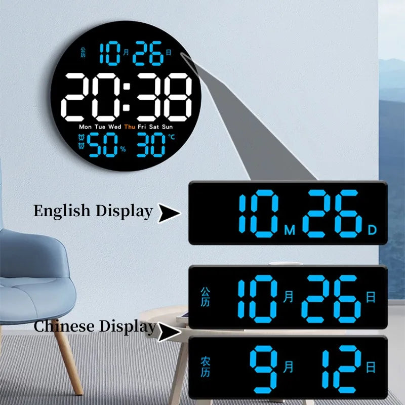 10 Inch Remote Control Digital Wall Clock Temperature Humidity Date Week Timing Countdown 2 Alarm Auto Dimmer LED Alarm Clock