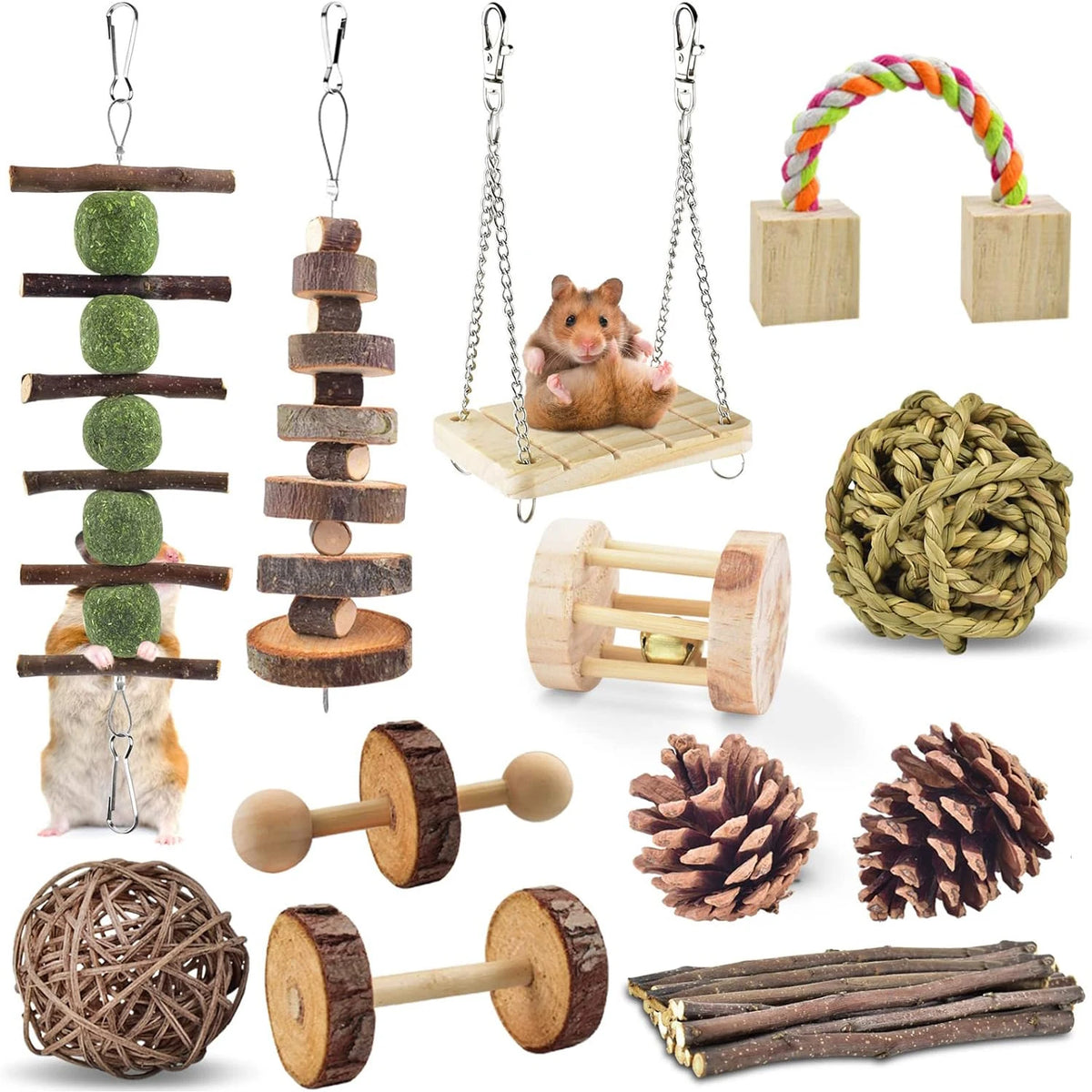 Cute Rabbit Roller Toys Natural Wooden Pine Dumbells Unicycle Bell Chew Toys For Guinea Pigs Rat Small Pet Molars Supplies