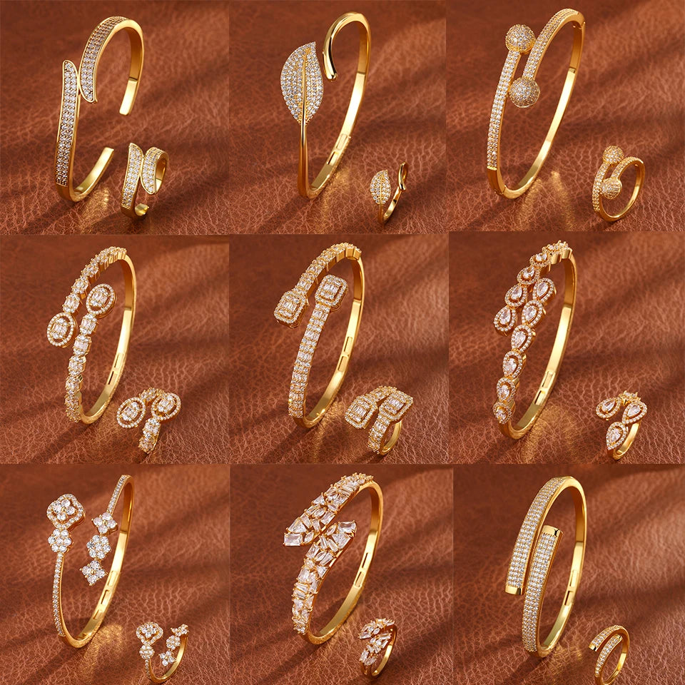 ZAKOL 9 Styles Golden Open Bracelet Ring Jewelry Set Geometric Shiny Zircon 18K Gold Plated Middle East Wedding Party Jewelry