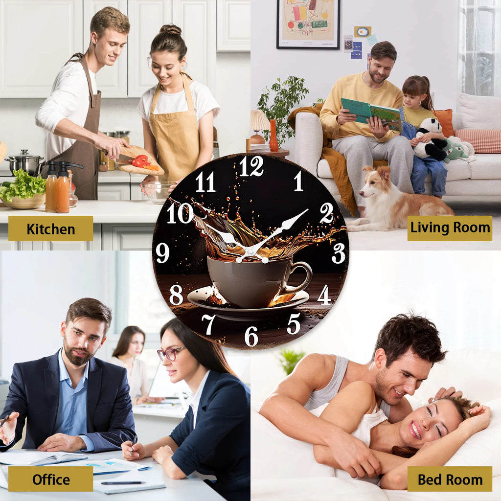 A Stylish Modern Coffee Cup Splash Wooden Wall Clock for Living Room, Bedroom, Kitchen, Home Decoration, Silent Quartz Clock, Holiday Gift, 10 Inches, 12 Inches (No Battery)