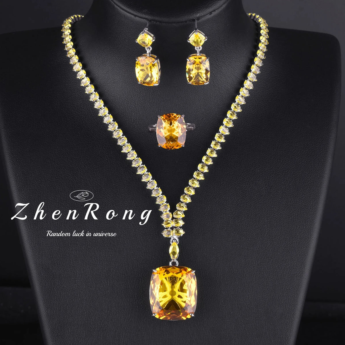 Foydjew Luxury 20 Carat Yellow/Red/Blue/Green Color Large Gemstone Jewelry Sets Pendant Necklaces Earrings Rings For Women
