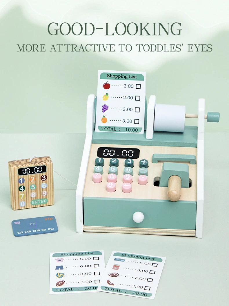 Kids Wooden Simulation Supermarket Checkout Counter Toy Cash Register Kids Role-Play Toys Kitchen Toys Girls Pretend Play