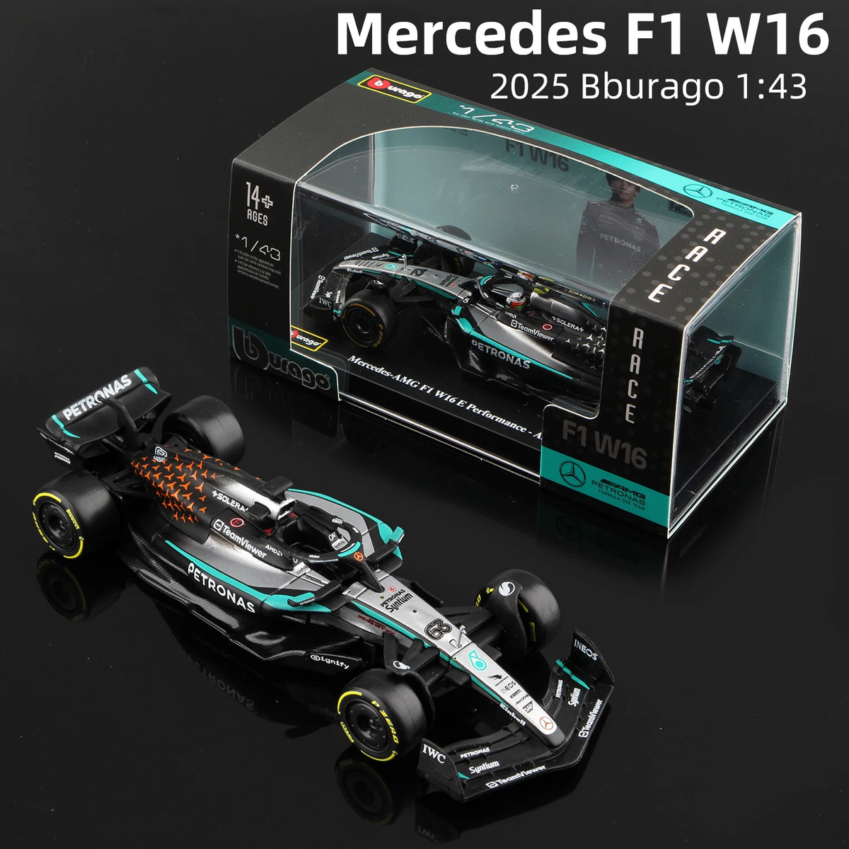 Bburago 1:43 Mercedes 2025 W16 E Performance F1 Formula Car Model Die Cast Vehicles Racing Toy 63# Russell 12# Antonelli