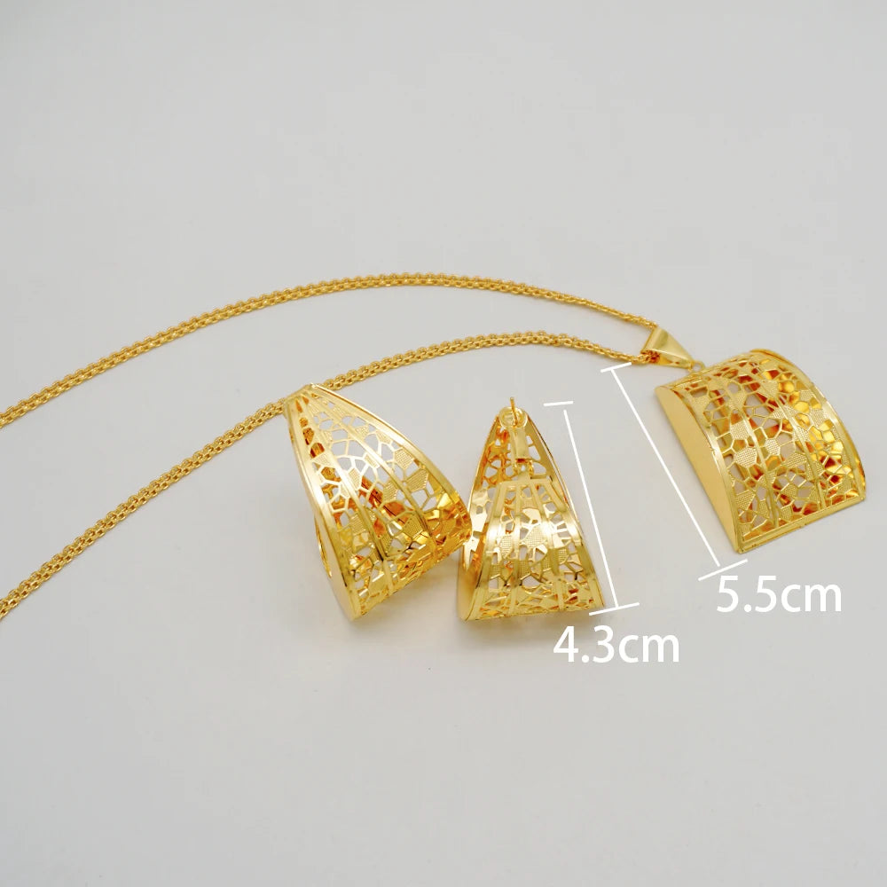 Fashion Dubai Jewelry Sets Gold Color Pendant Copper Classic Earrings Necklace For Women Daily Wear Party Anniversary Gifts