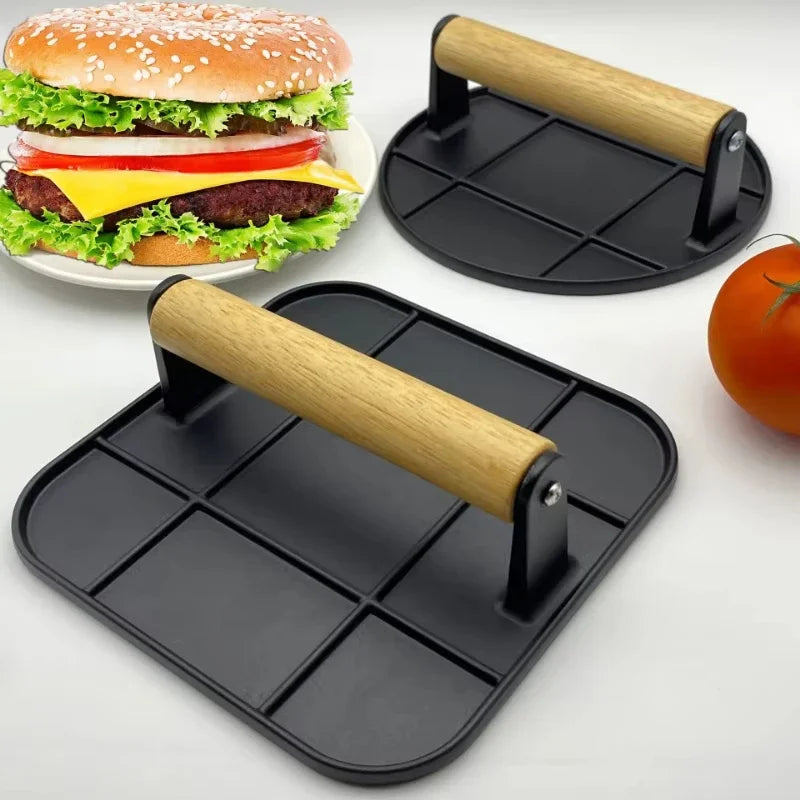 Cast Iron Burger Press Outdoor Non Stick Aluminum Alloy Rotundity Hand Meat Burger Press with Wooden Handle for Home Kitchen BBQ