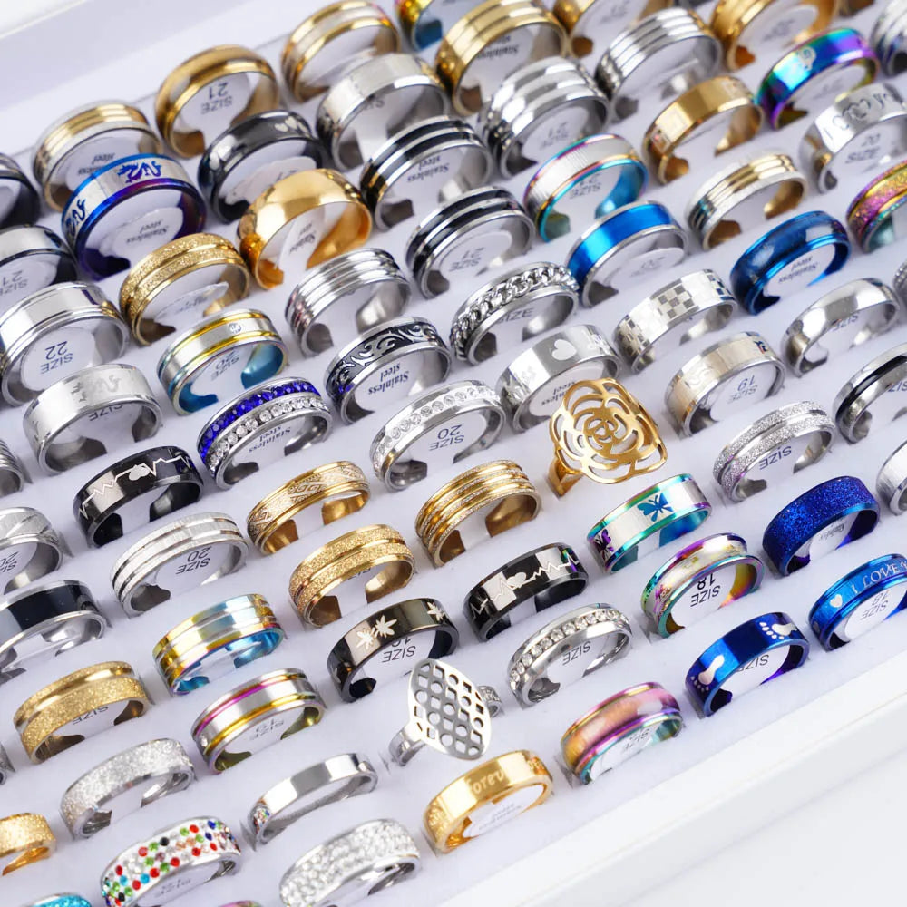 10/20/50/100Pcs/Lot Fashion Stainless Steel Stripe Heart Hollw Rings For Men Women Mix Style Simple Jewelry Party Gifts