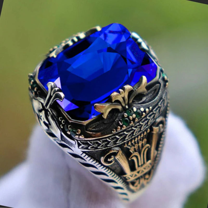 Inlaid Emerald Men's Luxury Ring Personality Retro Domineering Gem Sapphire Ring To Attend The Banquet Party Business Jewelry