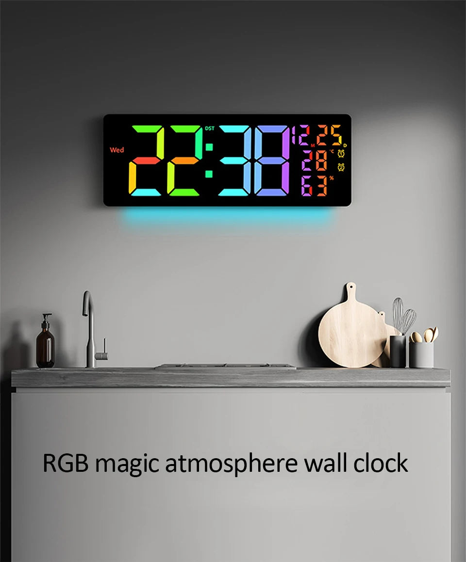 17" Large Digital Wall Clock 11Colors Dispaly & Dynamic RGB LED Clocks Temp Date Week Display Remote Control Dual Alarms Clock