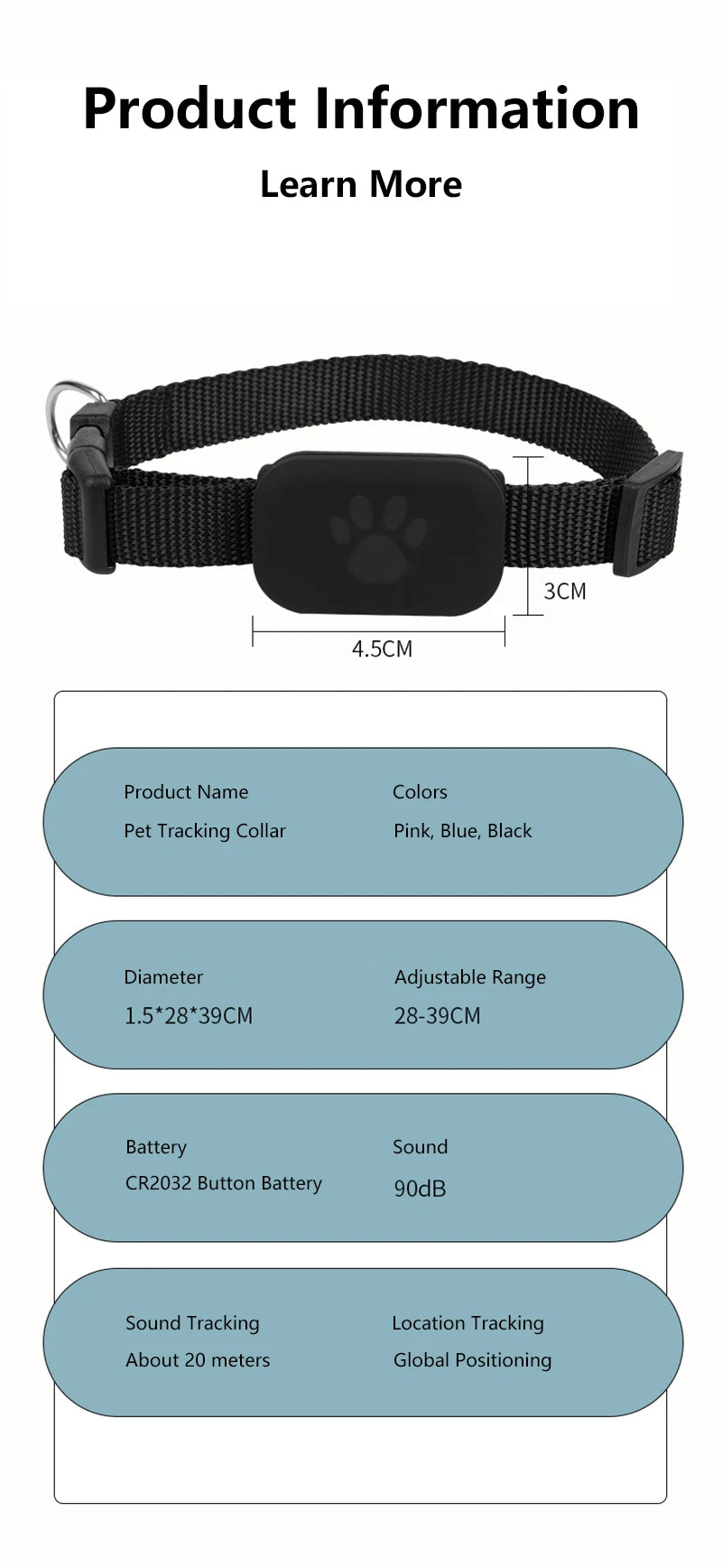 Waterproof Pet GPS Tracker - Dog & Cat Locator, with Adjustable Collar Anti Lost Dogs Real-time Tracking Device for iOS