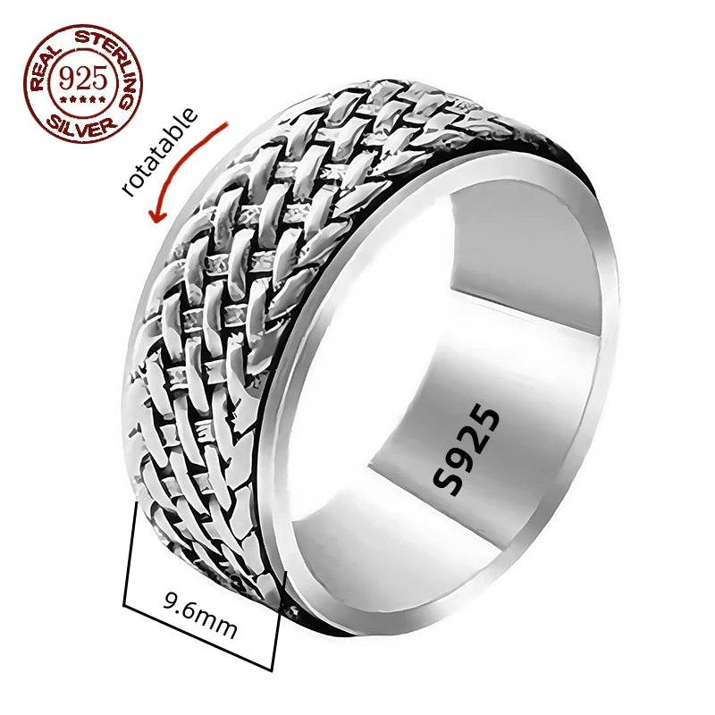 Rotatable S925 Sterling Silver Ring for Men  Vintage Retro Stars Auspicious Cloud Couple Band Women Index Finger Accessories