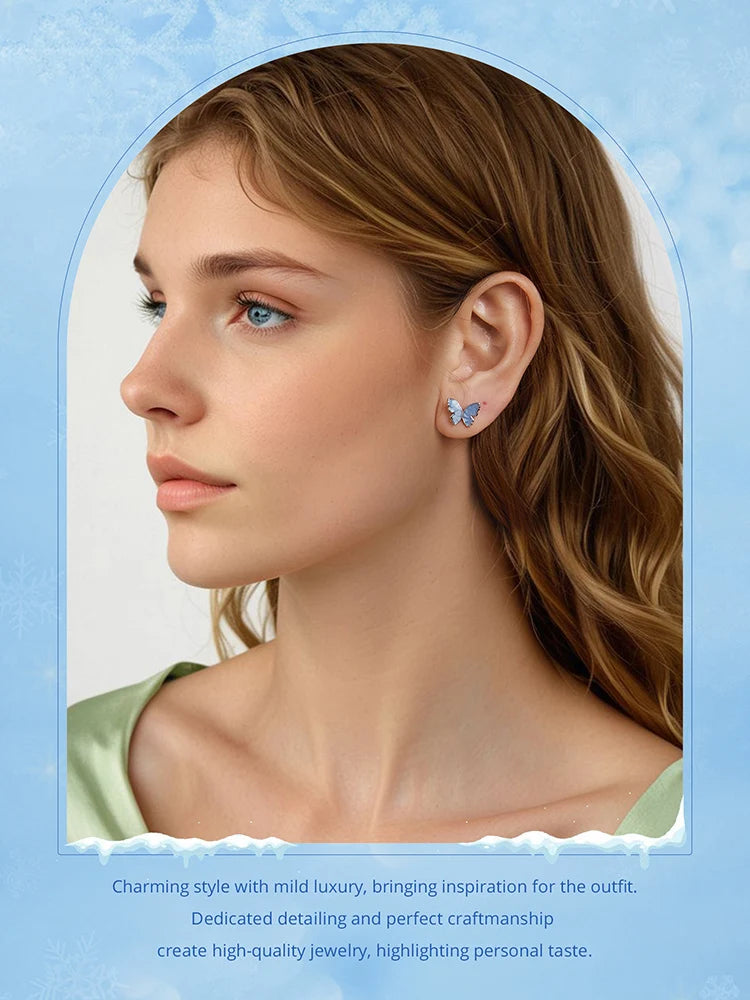 Bamoer 925 Sterling Silver Original Blue Butterfly Ring Lilac Flower Earrings for Women Jewelry Set Anniversary Engagement Gift