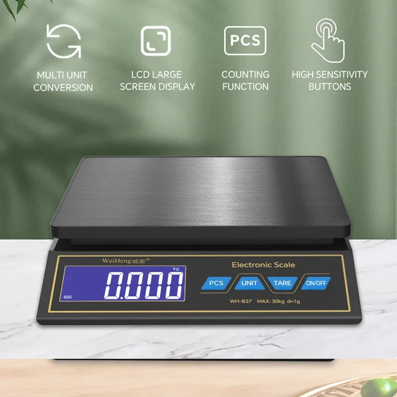 30kg/1g Digital Electronic Kitchen Scale Rechargeable Stainless Steel Household Food Scale Weight Balance with Counting Function