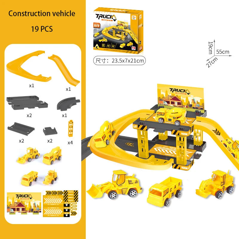 Track Parking Lot Toys Multi-Storey Rail Car Parking Building Fire Police Engineering Vehicle Car Children's Toys