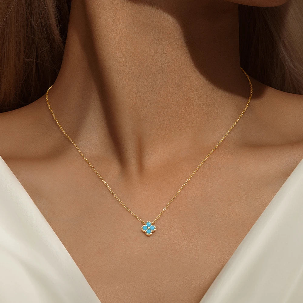 Aide Plata Real 925 Sterling Silver Lucky Lady Necklace European And American Four-leaf Clover Chain Necklace Turquoise Necklace