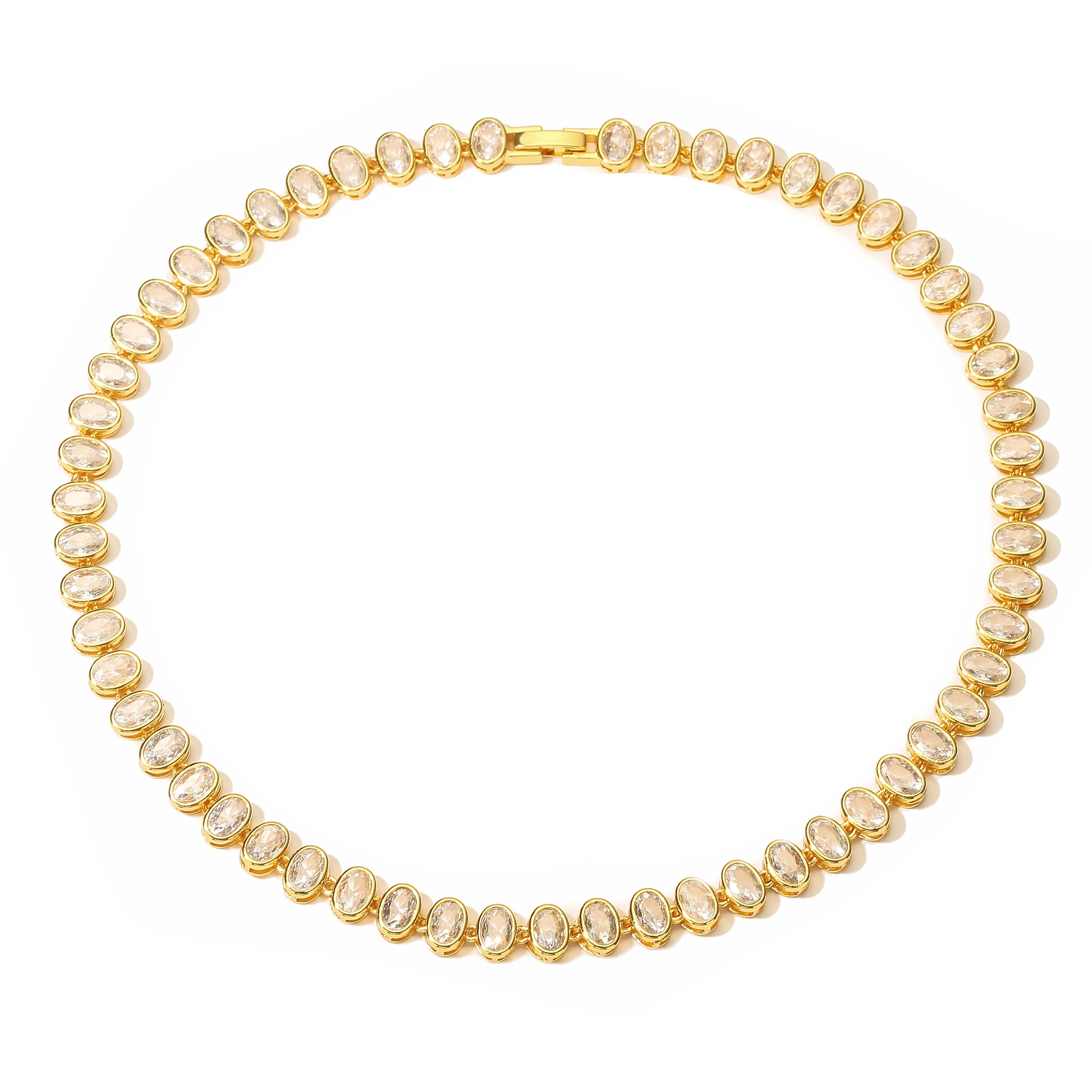HECHENG,Oval Sparkling CZ Charm Bracelets Necklace for Women 18K Gold Plated Tennis Cubic Zircon Bohemia Beach Jewelry Set