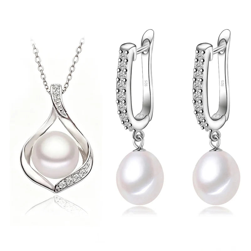 Real Natural Freshwater Pearl Necklace and Earrings Set For Women,Cute 925 Sterling Silver Pearl Jewelry Set Wedding Gift