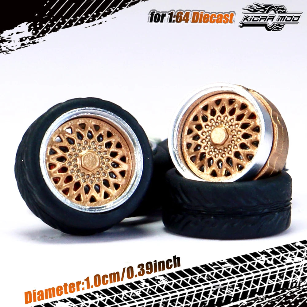 Kicarmod 1/64 Model Car ABS Wheels with Rubber Tire Brake Disc Metal Rims Diameter 10mm Refitting Parts For Model Car