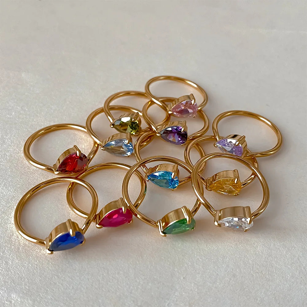 St-Delan Women's High-End Birthstone Ring 12 Colors Teardrop Zircon Ring Perfect Birthday Gift Jewelry Bulk Wholesale