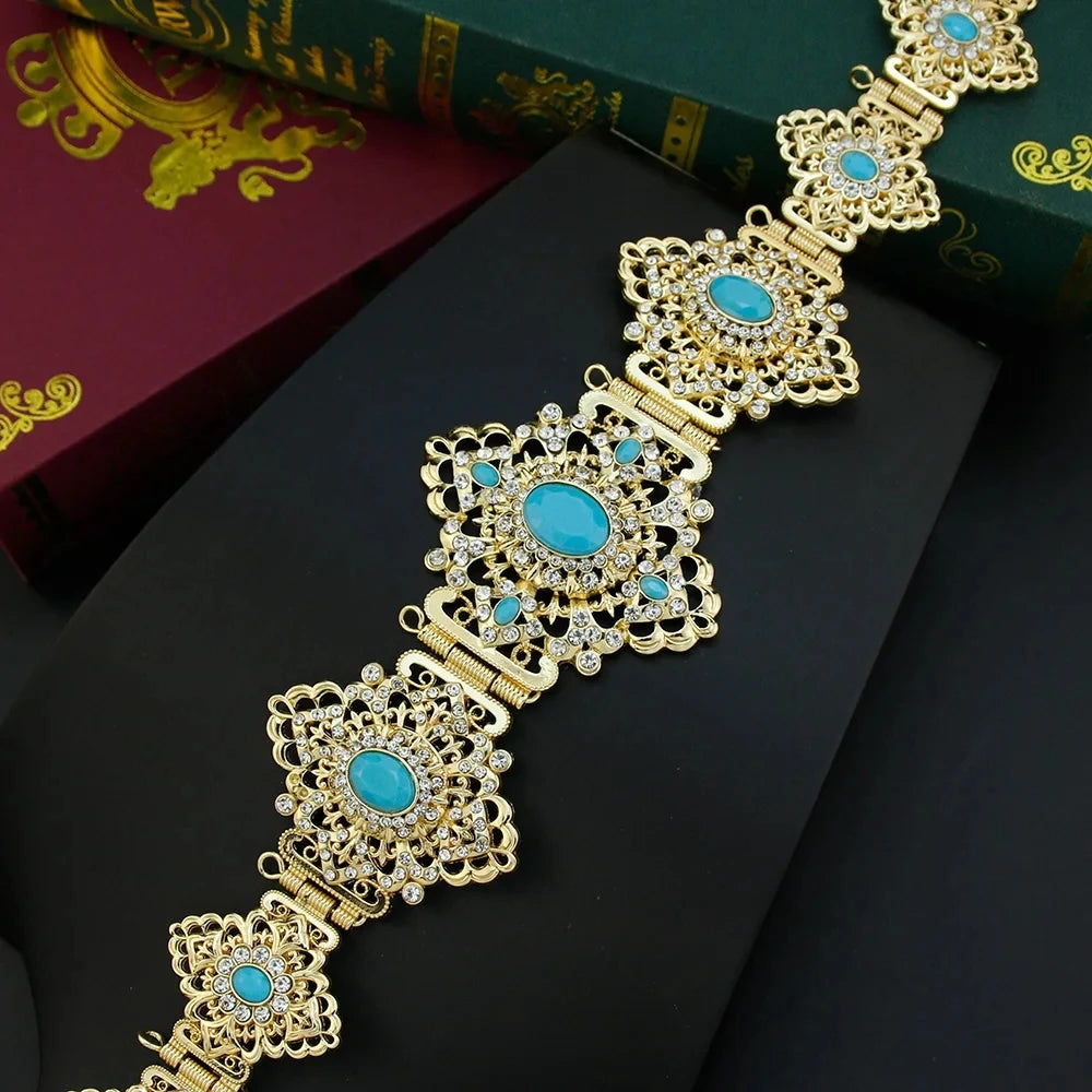 Sunspicems Chic Arabic Bride Jewelry Sets For Women Gold Color Crystal Morocco Belt Necklace Caftan Brooch Earring Muslim Sets