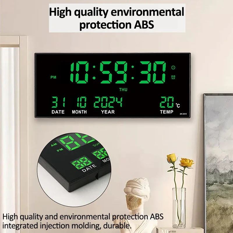 Digital Large Wall Clock Alarm Temperature Date Calendar Display 8 Sets of Alarm Clocks 14'' Electronic LED Clock Plug in Use