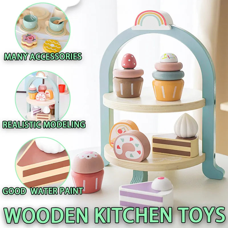 Girls Toys Wooden Afternoon Tea Set Children's Toy Kitchen  Pretend Play Set Toaster Coffee Maker Ice Cream Kids Educational Toy
