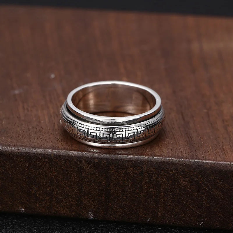 Factory Price S925 Sterling Silver Movable Great Wall Pattern Ring Men Women Real Silver Double-layer Rotatable Rings Jewelry