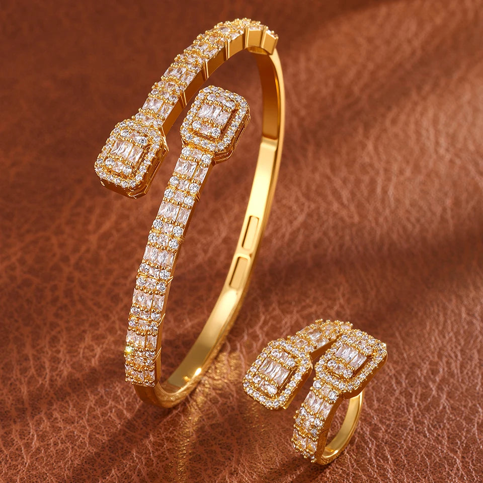ZAKOL 9 Styles Golden Open Bracelet Ring Jewelry Set Geometric Shiny Zircon 18K Gold Plated Middle East Wedding Party Jewelry