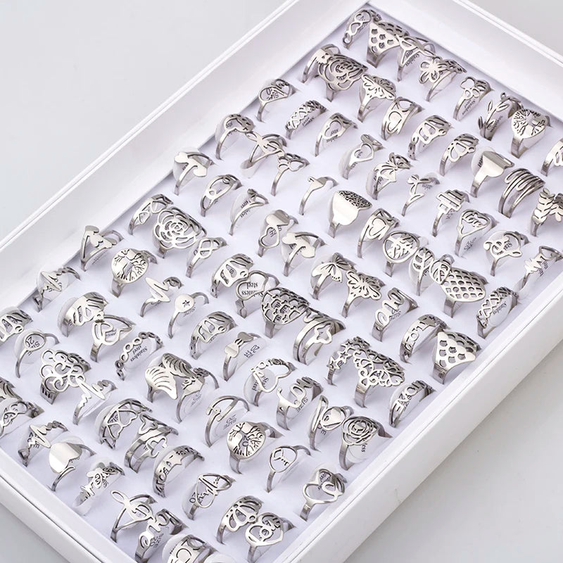 100 Pieces Stainless Steel Engraved Rings for Men and Women Fashion Charm Jewelry Gift Hollow Flower Finger Rings Wholesale Lots