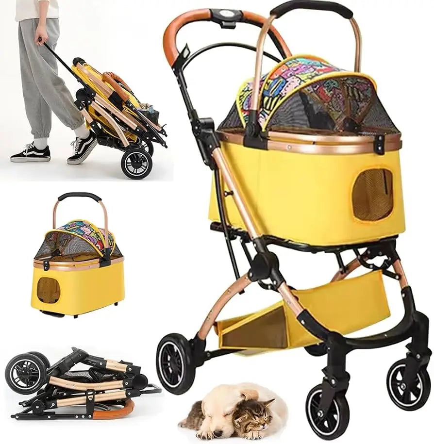 2 in1 Pet Stroller for Medium/Large Dog/Cat One Click Folding Portable Dog Bassinet Detachable Pet Trolly Cart with Canopy Brake