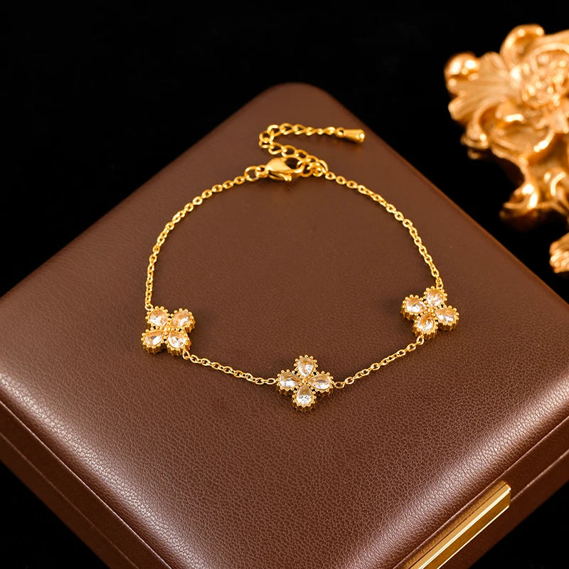 GANEMLY Stainless Steel  Sparkling White Zircon Flower Necklace Bracelet Earrings Set For Women Trendy Waterproof Jewelry Gift
