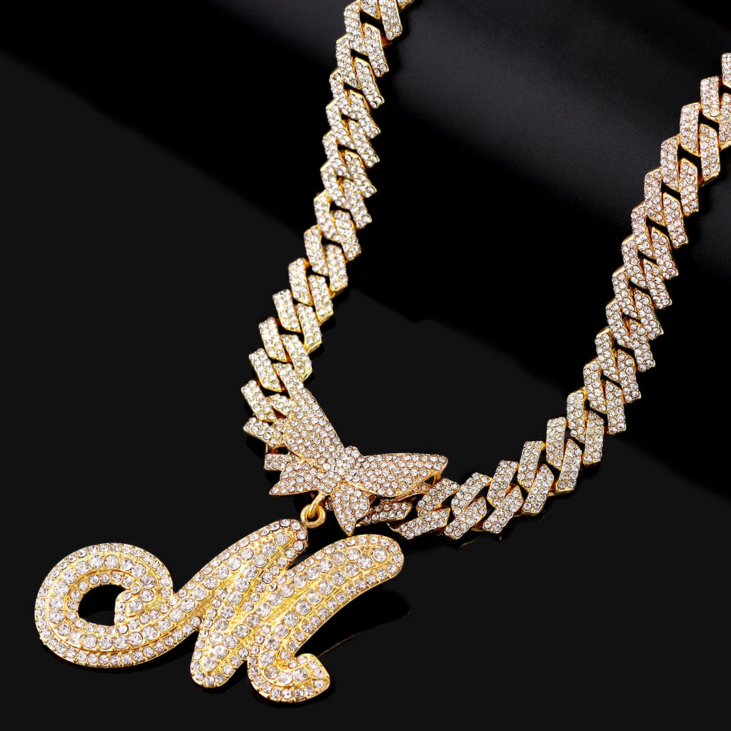 Men Women 14MM Cuban Chain Crystal Butterfly Initials Name Pendant Necklace Iced Out Cursive Letters Rapper Necklace Jewelry New