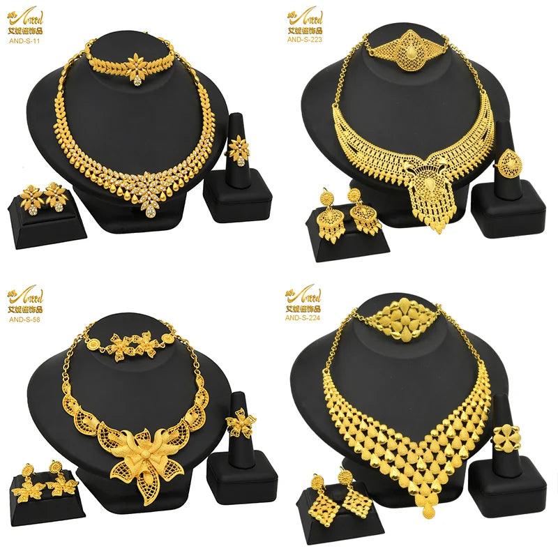ANIID African Jewelry Set Big Necklace Dubai Ethiopian Gold Color Jewelery Earring Bracelet For Women Bridal Choker Wholesale