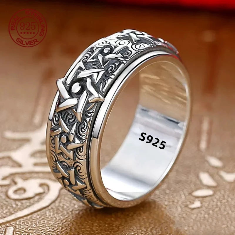 Rotatable S925 Sterling Silver Ring for Men  Vintage Retro Stars Auspicious Cloud Couple Band Women Index Finger Accessories