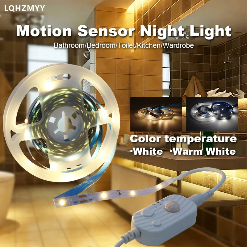 Suspended bed sensor LED light strip, low voltage 5V, USB powered, 1m to 20m, can be cut to any length, with a human body sensor switch that turns on when someone approaches. Night mode/day mode/constant light mode, su