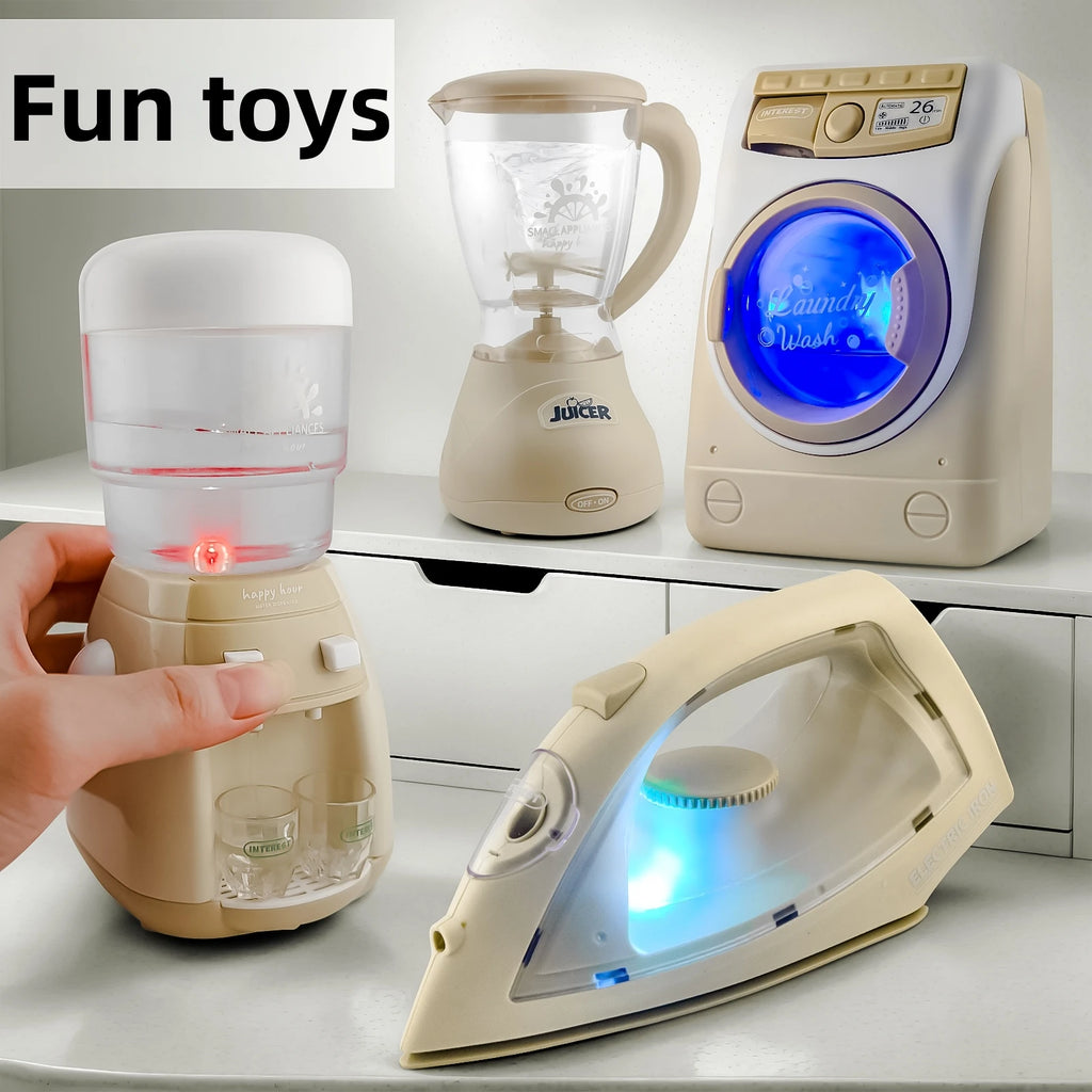 Children's simulated small household appliances, such as washing machines, vacuum cleaners, irons, juicers, and toys