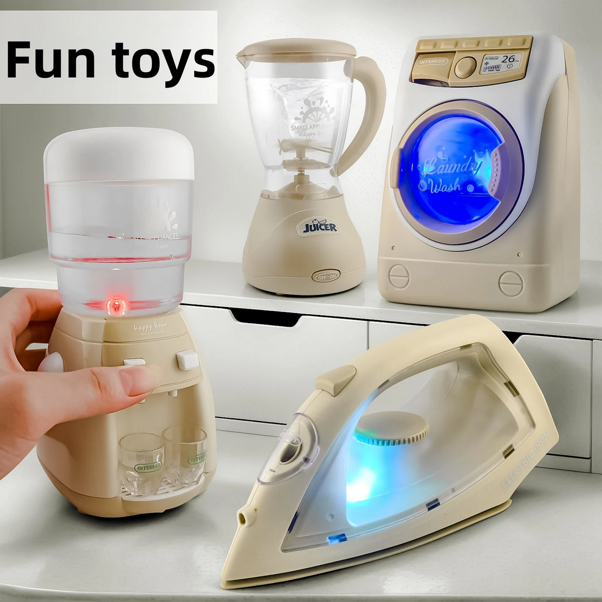 Children's simulated small household appliances, such as washing machines, vacuum cleaners, irons, juicers, and toys