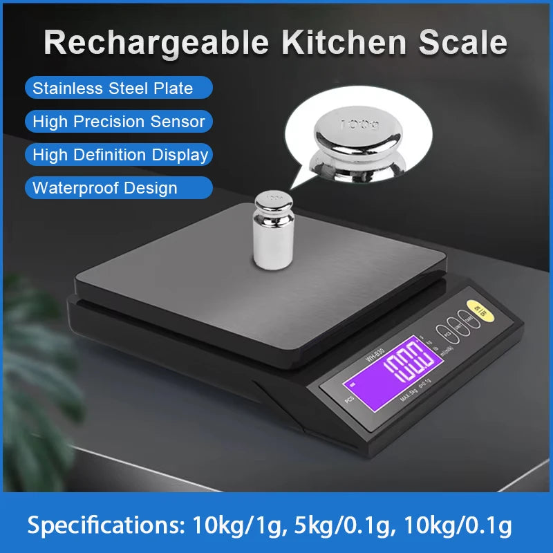 5kg/10kg Rechargeable Kitchen Scale Fully Waterproof LCD Display Stainless Steel Electronic Scale Household Weighing Baking Tool