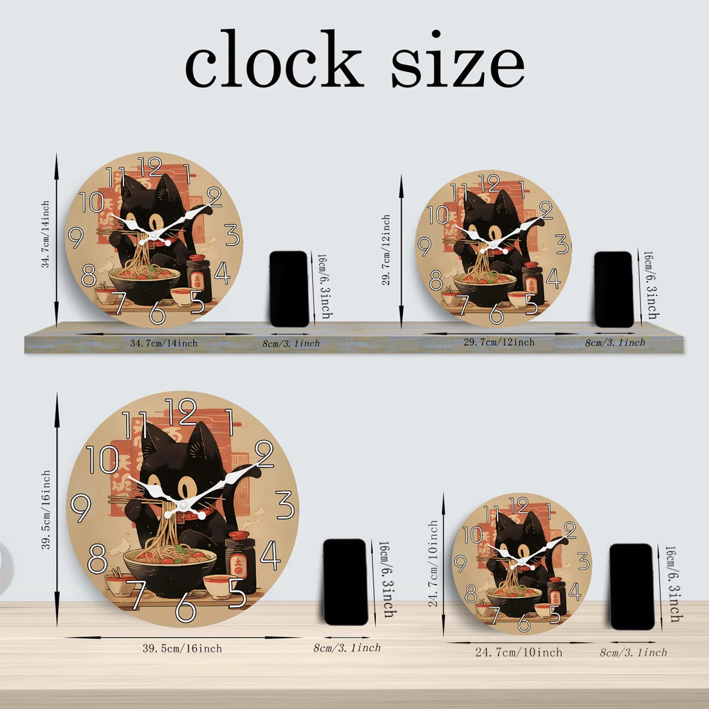 Retro Cute Black Cat Eating Ramen Wooden Wall Clock for Living Room, Bedroom, Kitchen, Home Decoration, Silent Quartz Clock, Holiday Gift, 10 inches, 12 inches, 14 inches 16inch (no battery)