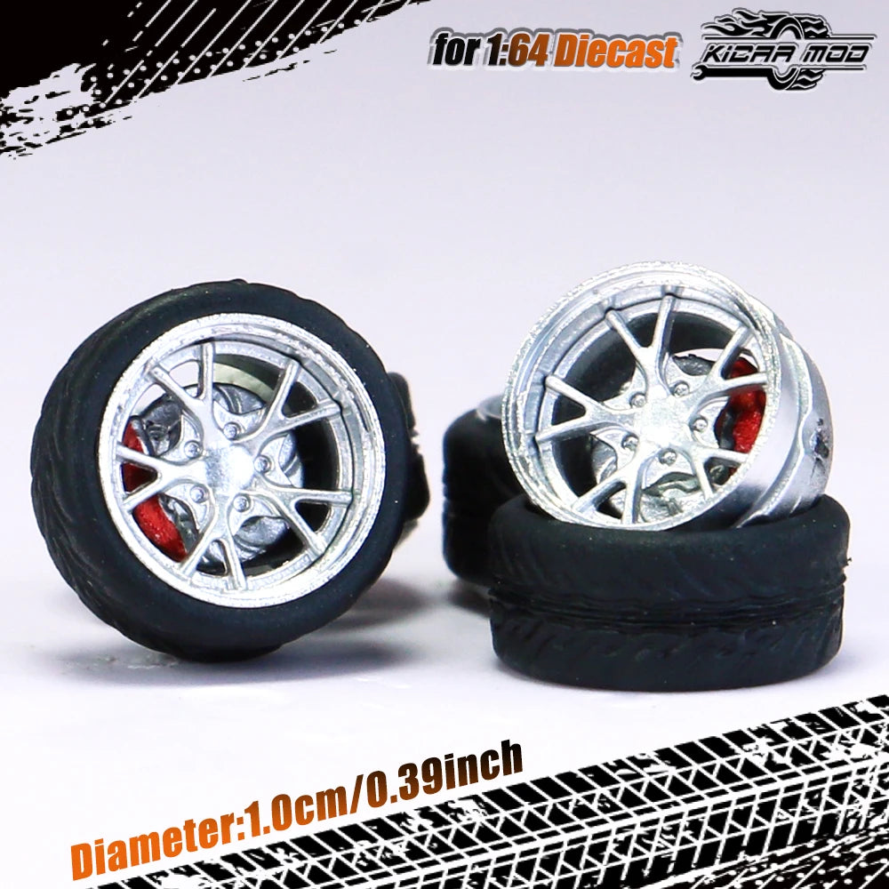 Kicarmod 1/64 Model Car ABS Wheels with Rubber Tire Brake Disc Metal Rims Diameter 10mm Refitting Parts For Model Car