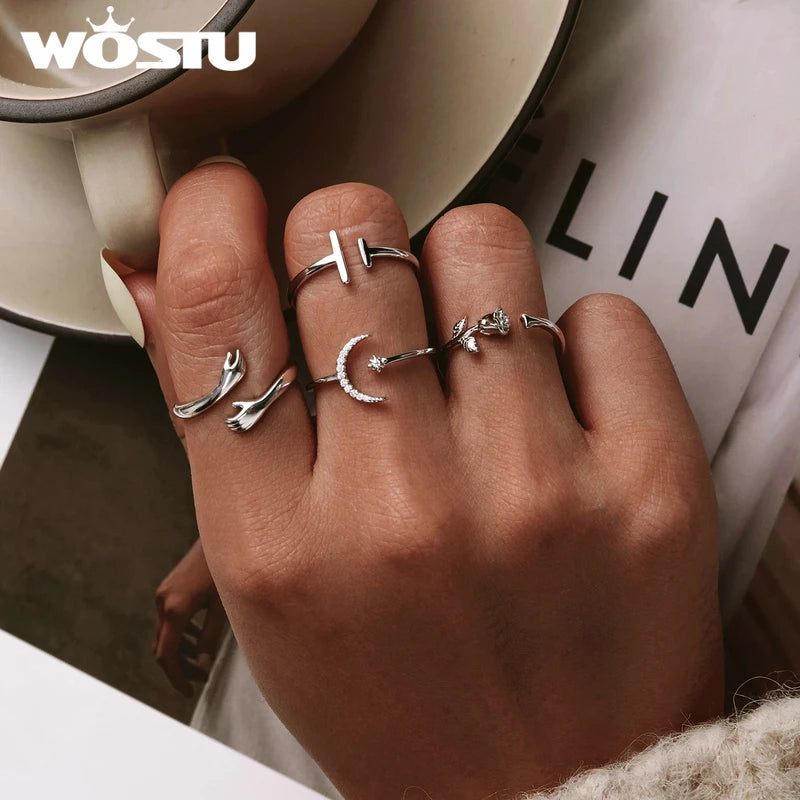 WOSTU Real 925 Sterling Silver Open Ring Finger Adjustable Size Wedding Rings For Women Engagement Fashion Silver Jewelry Gift