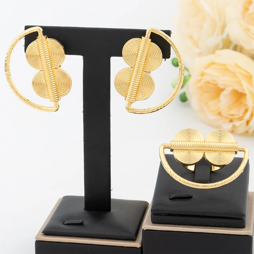 Gold Color Jewelry Set For Women Dubai Round Earrings Adjustable Ring Nigeria Bridal Jewelry Accessories Wedding Bracelet Party
